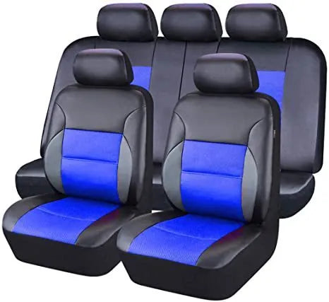 Artificial leather car seat covers with stitching in a 9-piece set for a 5-seater vehicle.