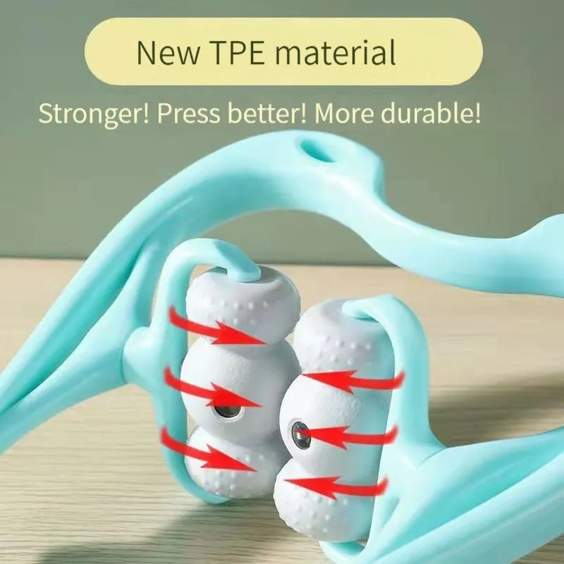 Blue manual neck massager with pressure nodes showing 360-degree rotation mechanism