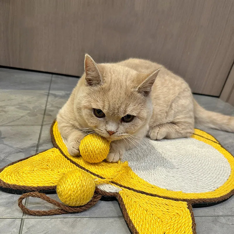 Yellow Corgi-design sisal cat scratching pad with anti-slip base and hanging hooks
