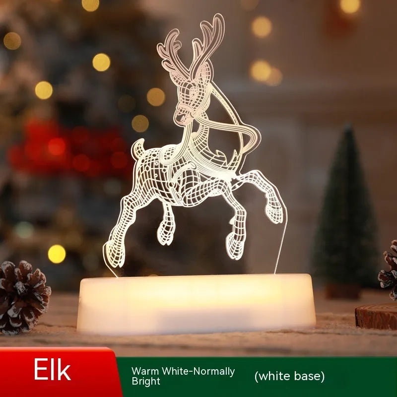 3D acrylic Christmas LED decorative night light showing a choice of festive designs like trees and reindeer.