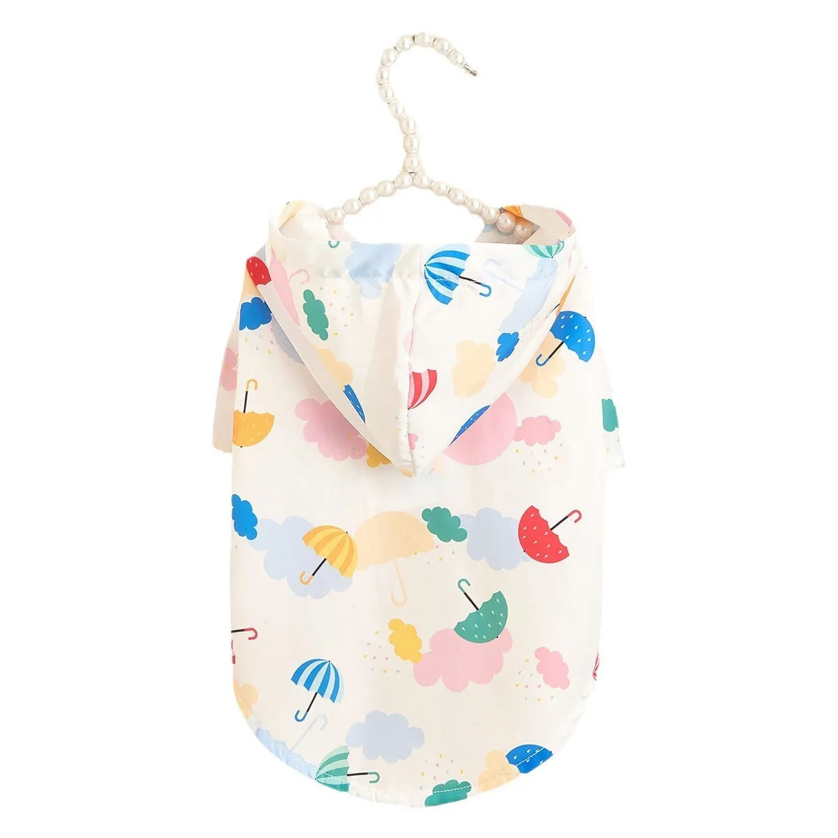 Colourful cartoon umbrella pattern pet raincoat for dogs or cats, shown in size L.