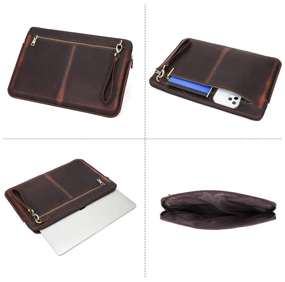 Retro Crazy Horse leather notebook zipper computer bag in coffee brown, sized for MacBook Pro 16 inch