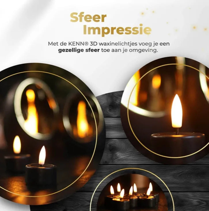 Four black S10 LED tealight candles showing flickering warm white light
