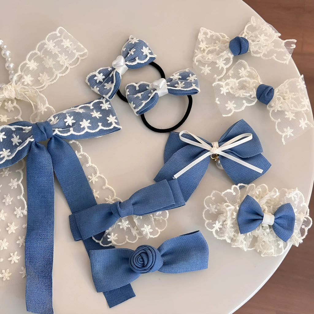 Hand-made pastoral cloth barrettes with beige lace and blue bow designs for women's hair