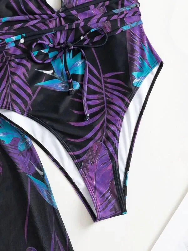Women's polyester three-piece swimsuit set in one of four patterns, showing the one-piece bikini and cover-up coat.