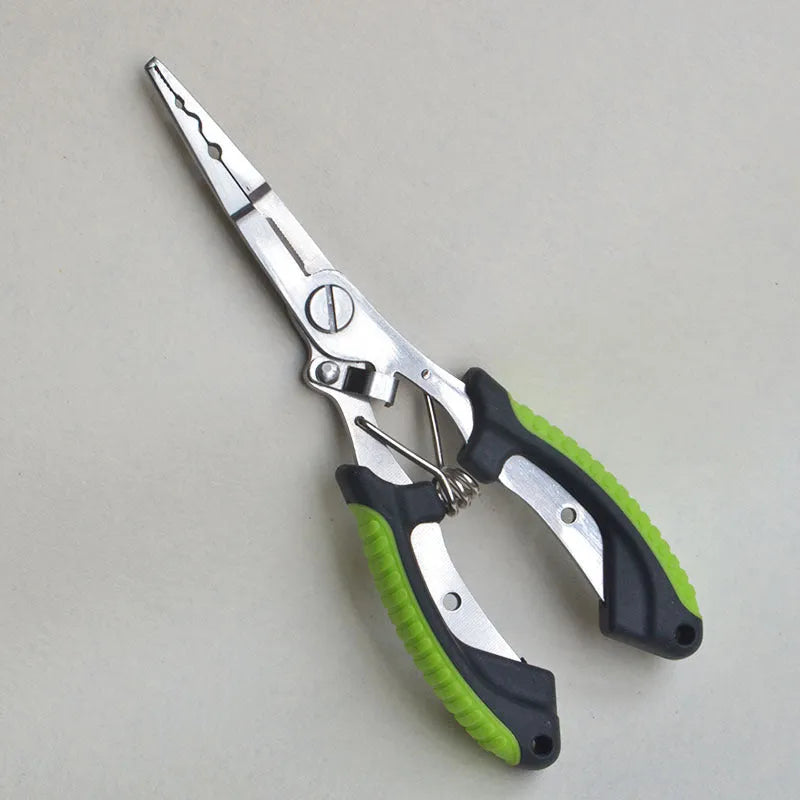 SS420 steel fishing pliers with straight mouth and hook, red blue green handle options