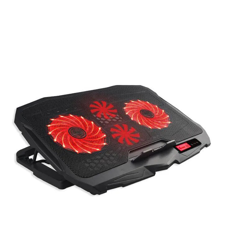 Black laptop cooling stand with copper heat sink plate, four heat pipes, and S18 variable speed fan