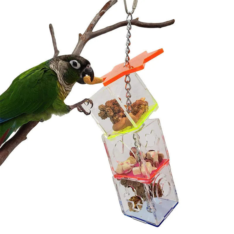 Transparent acrylic parrot foraging toy measuring 32cm tall with 5x5cm base