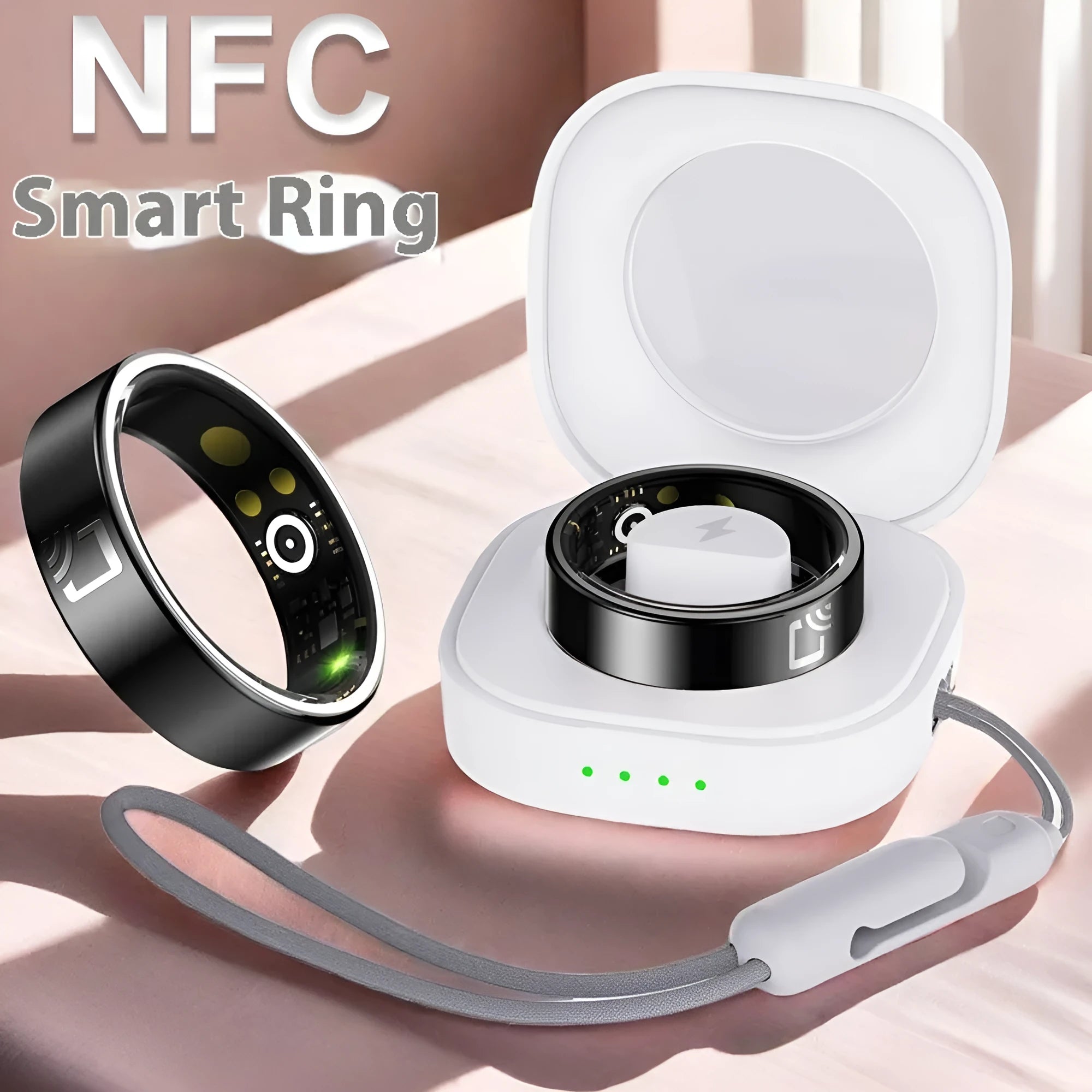 Black ceramic smart ring for health monitoring on a finger.