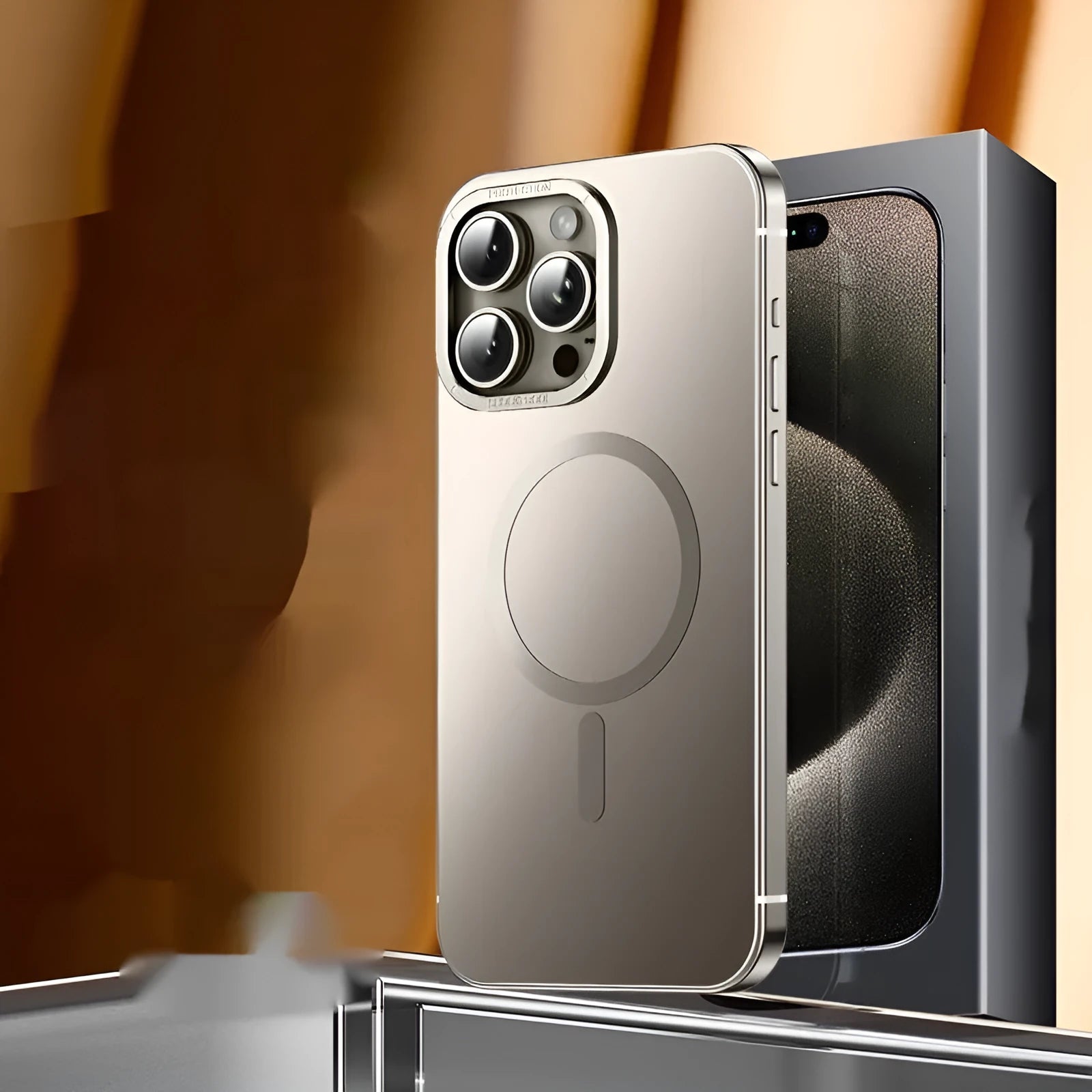 Magnetic suction stainless steel acrylic half pack phone case for iPhone in black with laser finish