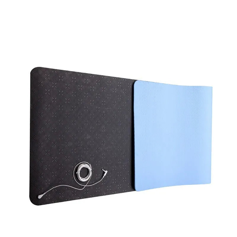 Blue conductive grounding yoga mat with plants pattern showing integrated wire and 182x61cm dimensions
