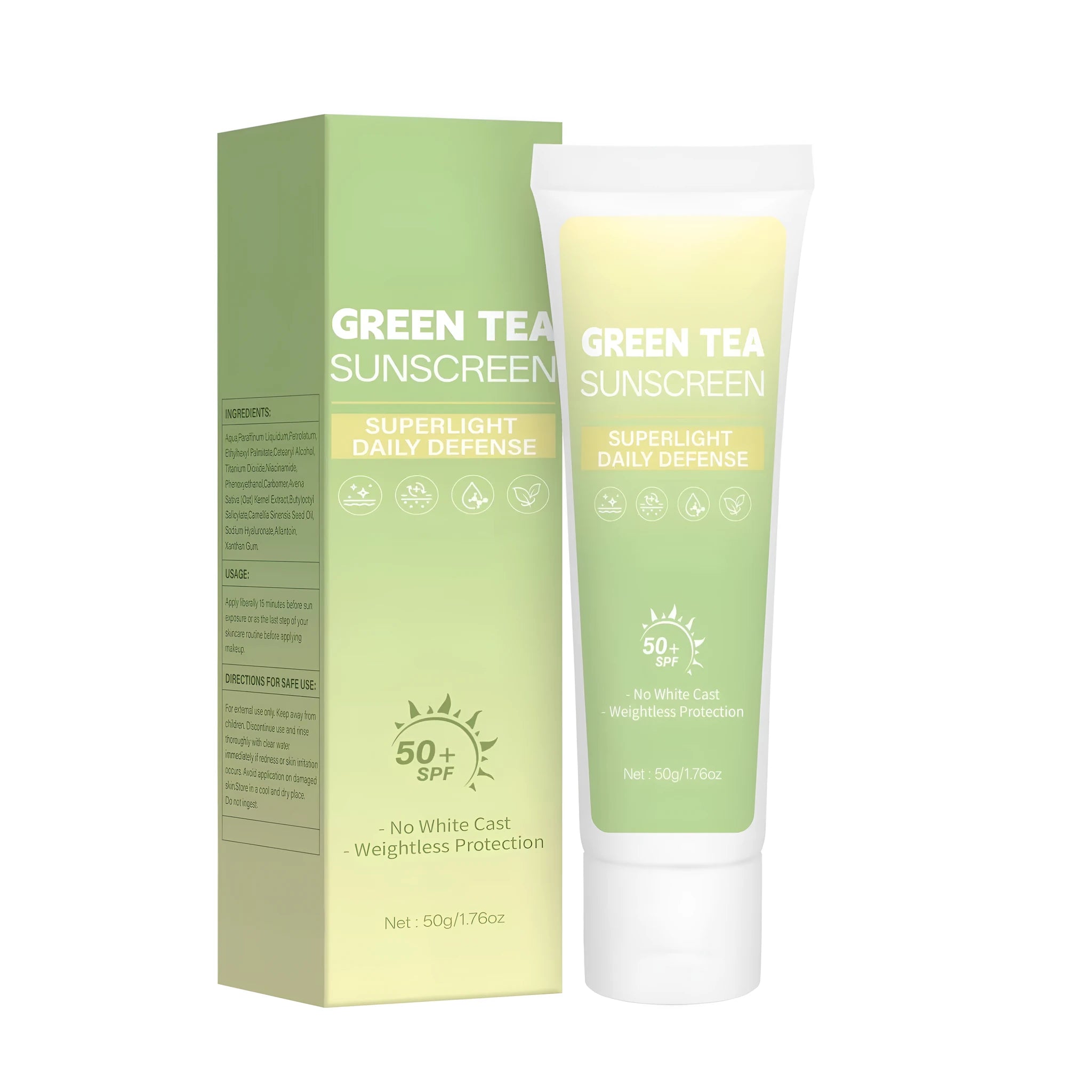 30ml green tea sunscreen cream with 50g weight in FP-E017 specification packaging
