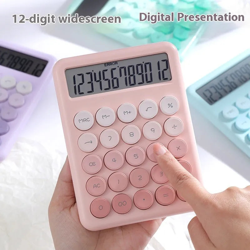 Desk calculator with gradient colour finish in pastel violet, pink, blue, or green.