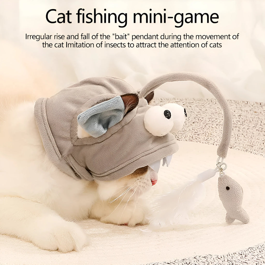Grey cat teaser toy with adjustable headband, feather decoration, and big eye fish design