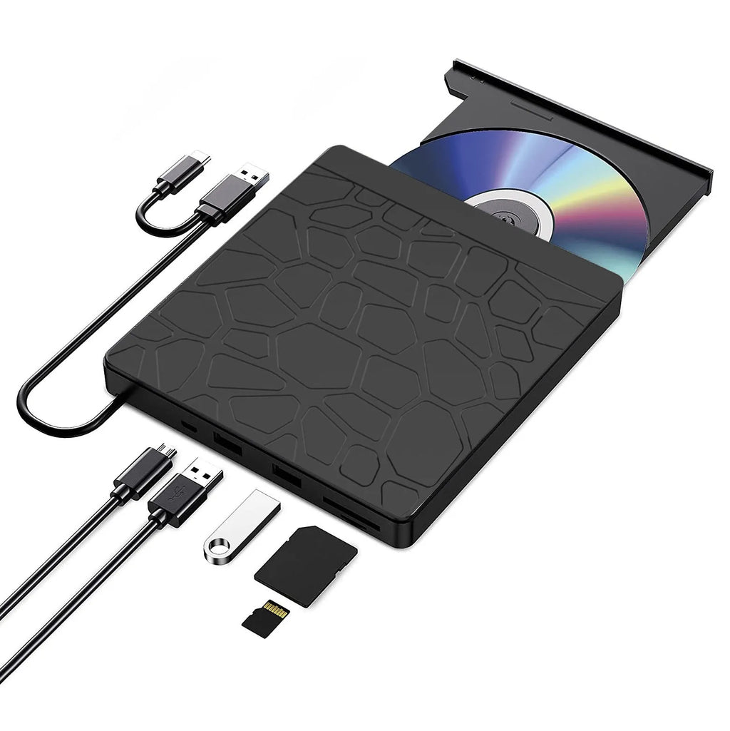 Black portable external optical drive with dual interface connections for laptop computers