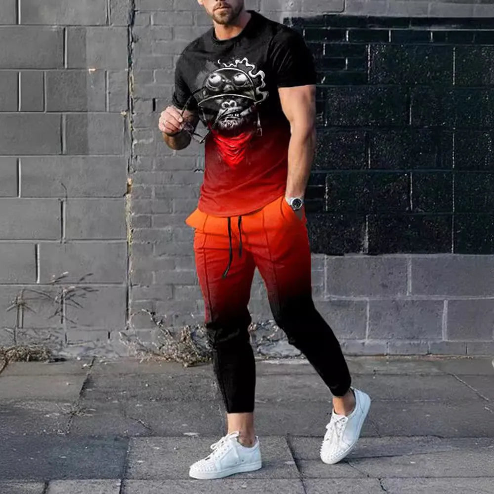 Man wearing a solid colour printed short-sleeve T-shirt and matching trousers from a sportswear set.