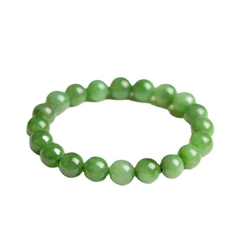 A single strand polished jasper bead bracelet in natural colours, showing different size options.