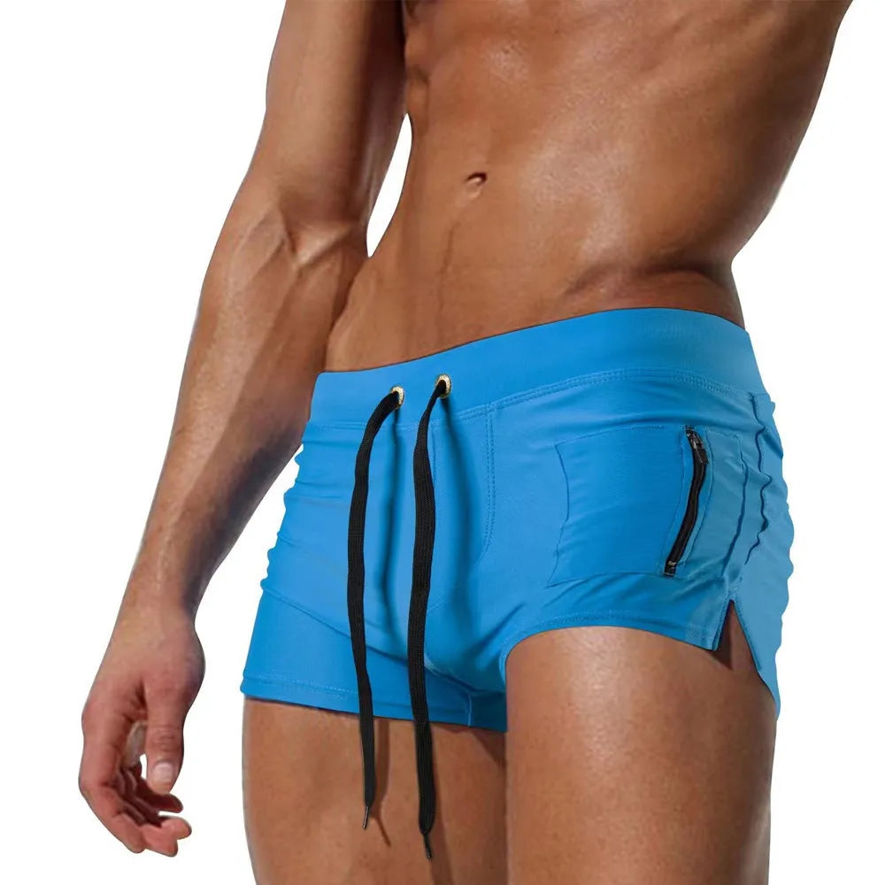 Men's high waist swimming trunks with lace-up front in solid colours