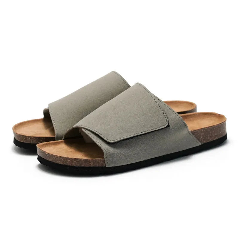 Men's retro cork-style platform slippers with frosted artificial PU upper in camel colour, rubber sole, slip-on design