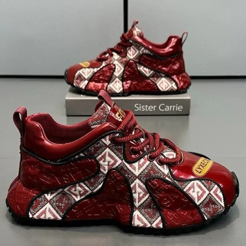 Men's beige platform casual shoes with embroidery detail on the PU upper and a rubber sole.
