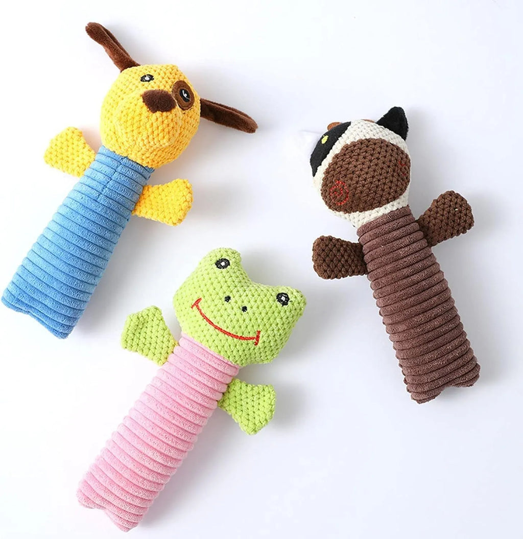 Soft cloth and polyester fibre squeaky stuffed dog chew toy, shown in calf, frog, or puppy shape, measuring 19cm long.