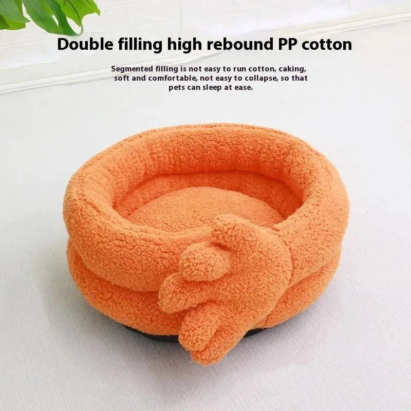 Yellow plush pet kennel mattress with raised sides for cats and small dogs.