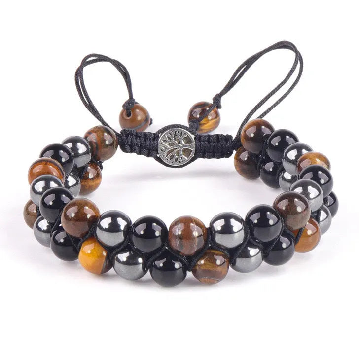 Men's Tiger Eye double-layer woven bracelet with bright magnets and geometric patterns