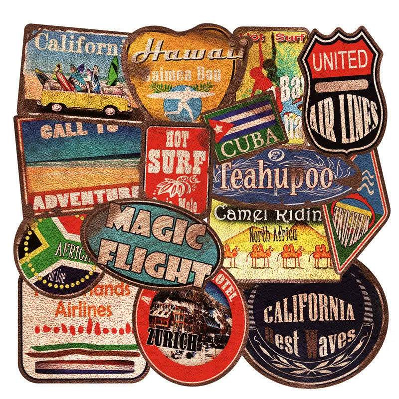 Set of 36 retro beach and surfing themed waterproof PVC stickers with matte finish, sizes 6-10cm