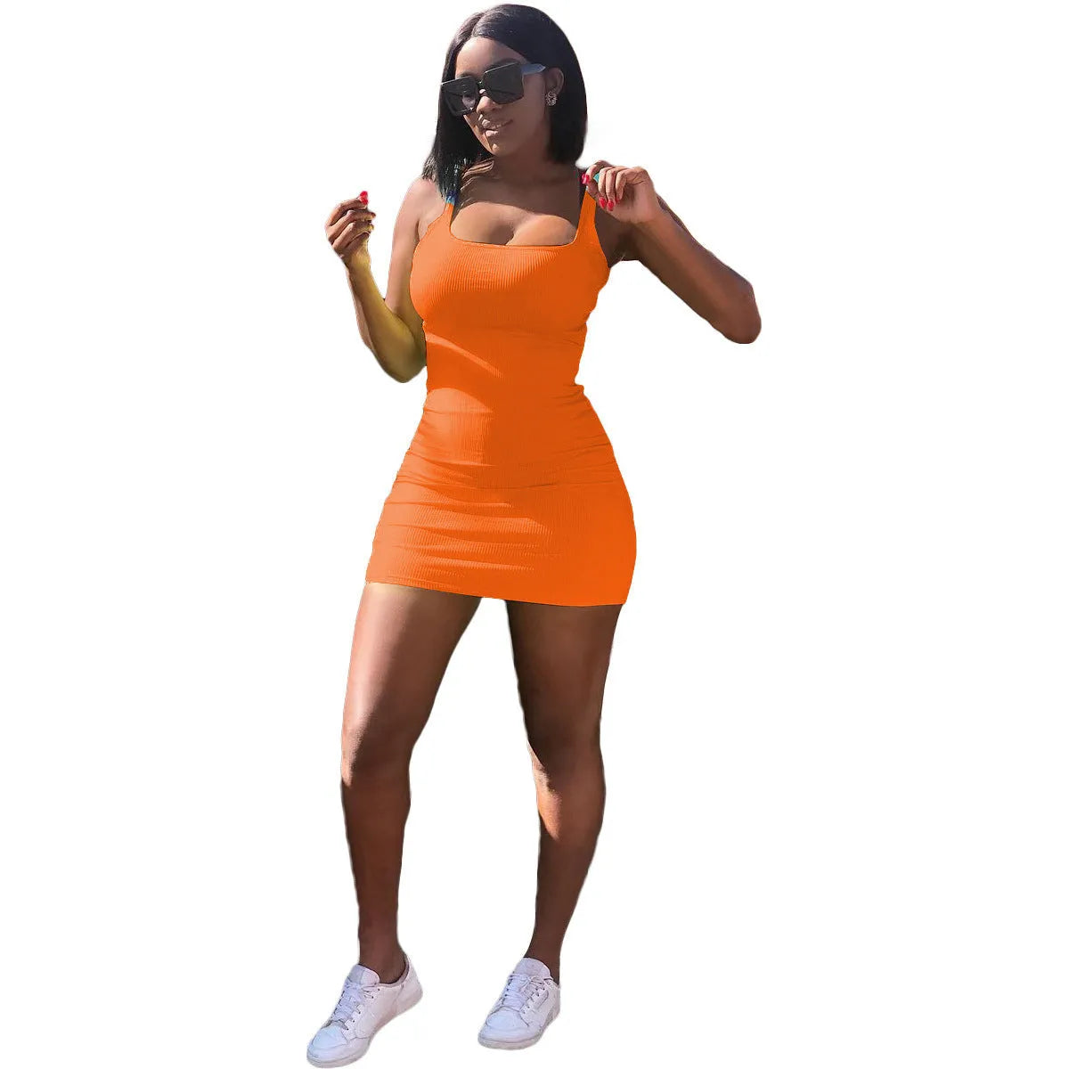 Women's casual slim fit dress with a big U-neck, sunken stripes, straps, and princess sleeves in a light colour.
