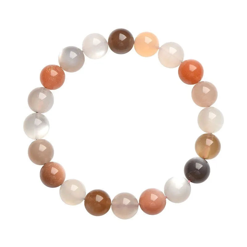 Natural colourful moonlight bracelet with 8mm moonstone beads on a wrist.