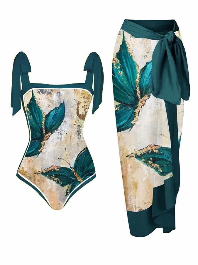 Women's printed chiffon two-piece swimsuit with attached hip skirt in a floral pattern.