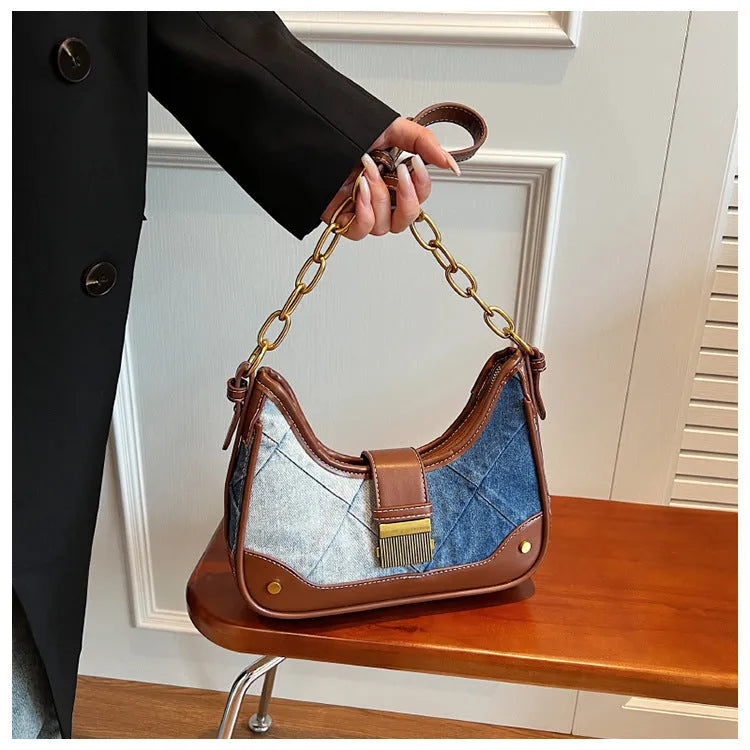 Brown denim women's shoulder bag with diamond mesh chain design and bucket shape