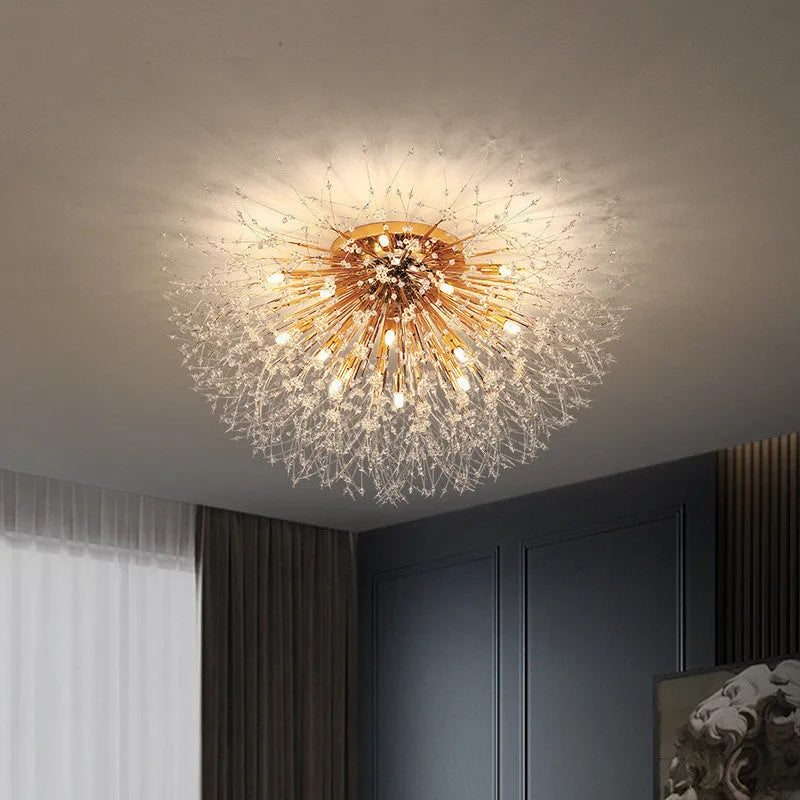 Dandelion crystal ceiling lamp with chrome finish and four light heads, 40cm diameter