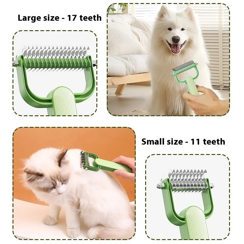 A green and grey dog detangling comb made from PP plastic and stainless steel, shown in small and large size options.