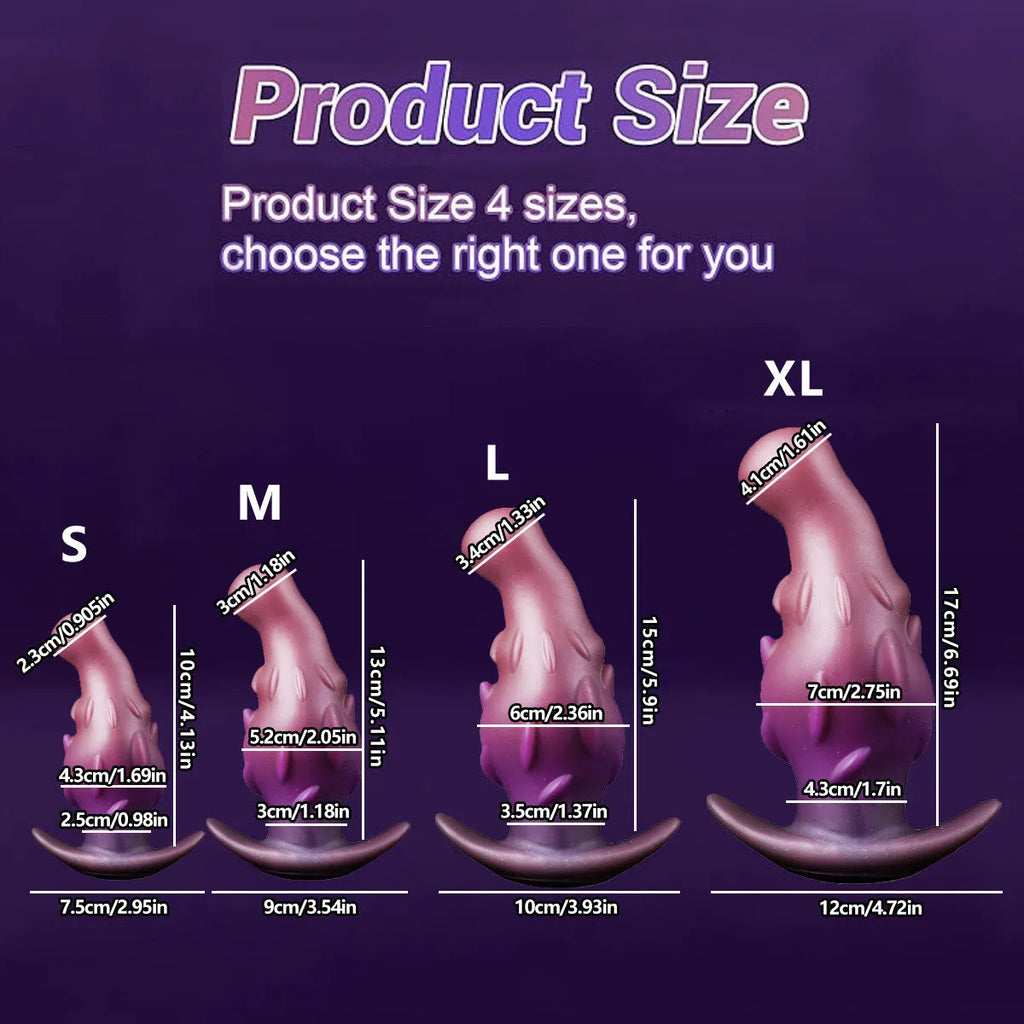 Purple, gold, and black liquid silicone masturbator toy in sizes S, M, L, XL for unisex adult use.