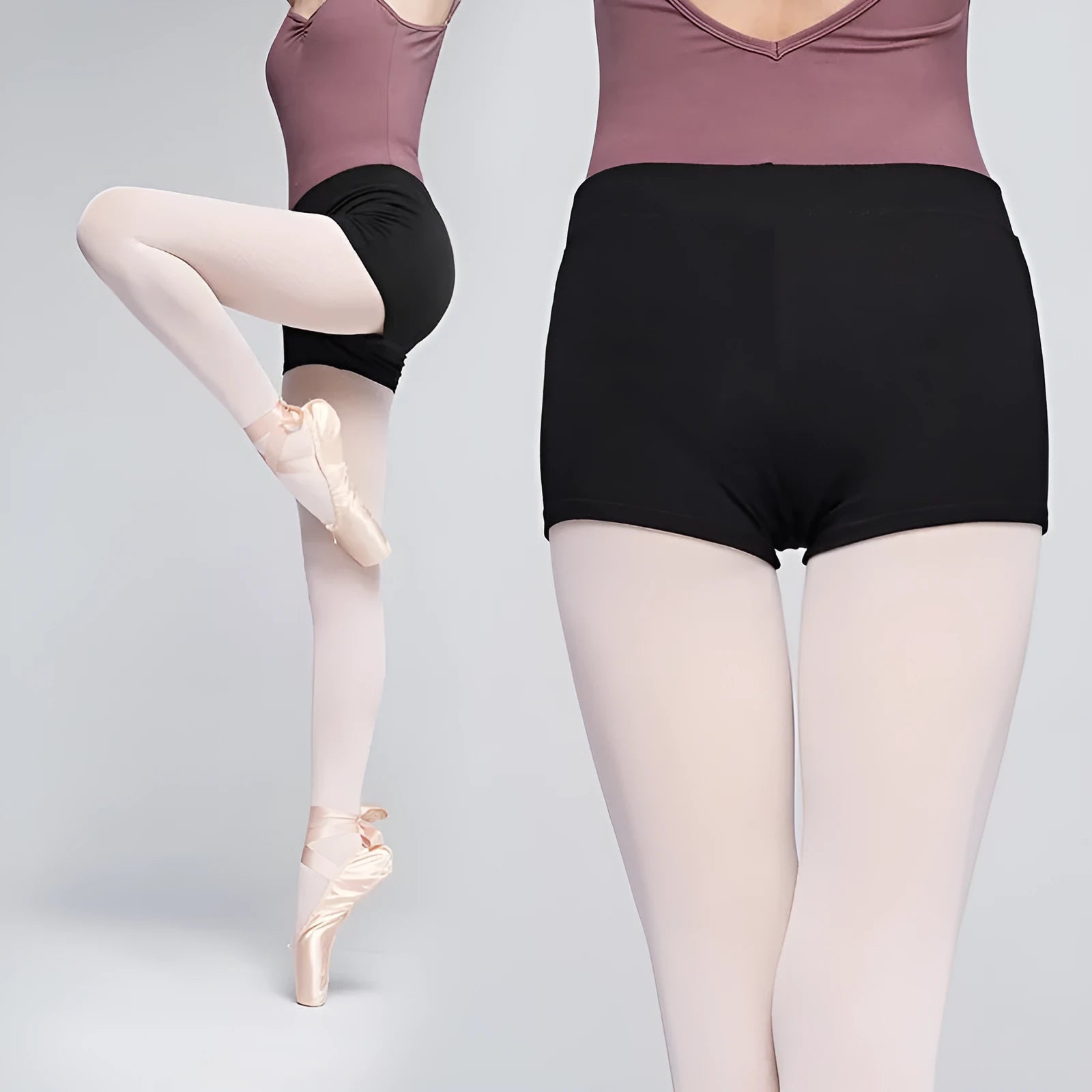 Black cotton ballet practice shorts for women laid flat, showing size label.