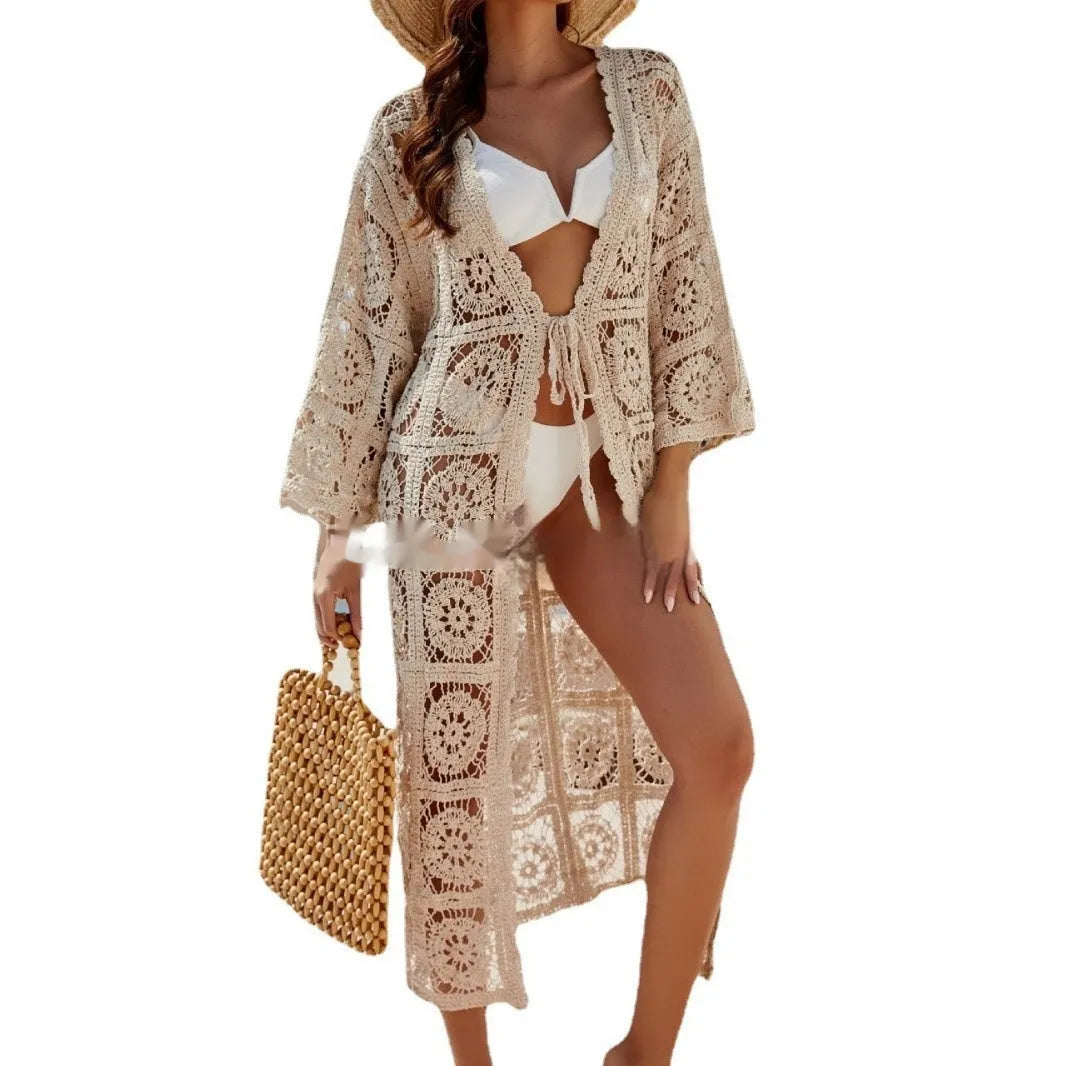 Apricot cotton long sleeve beach sun protection shirt with embroidery