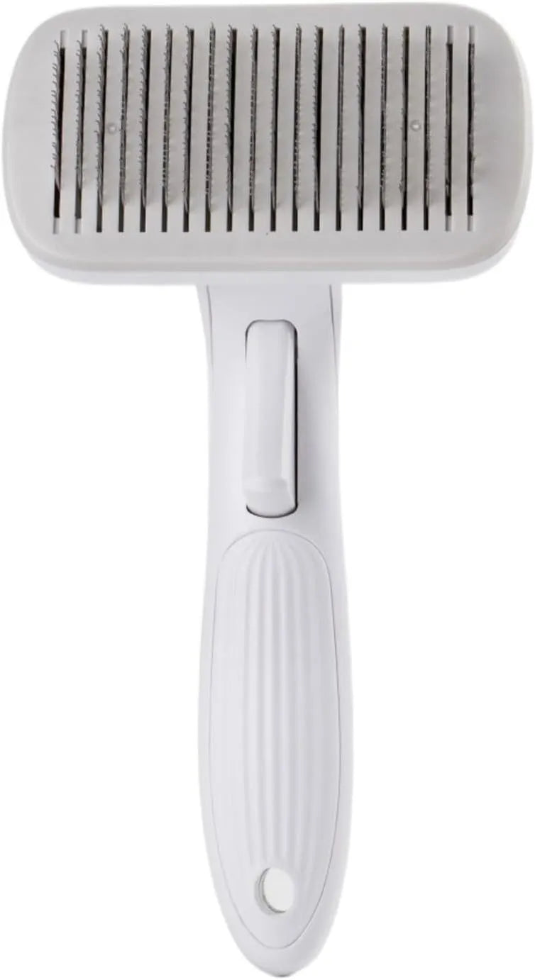 Blue automatic pet hair removal comb for dogs and cats on a white background.