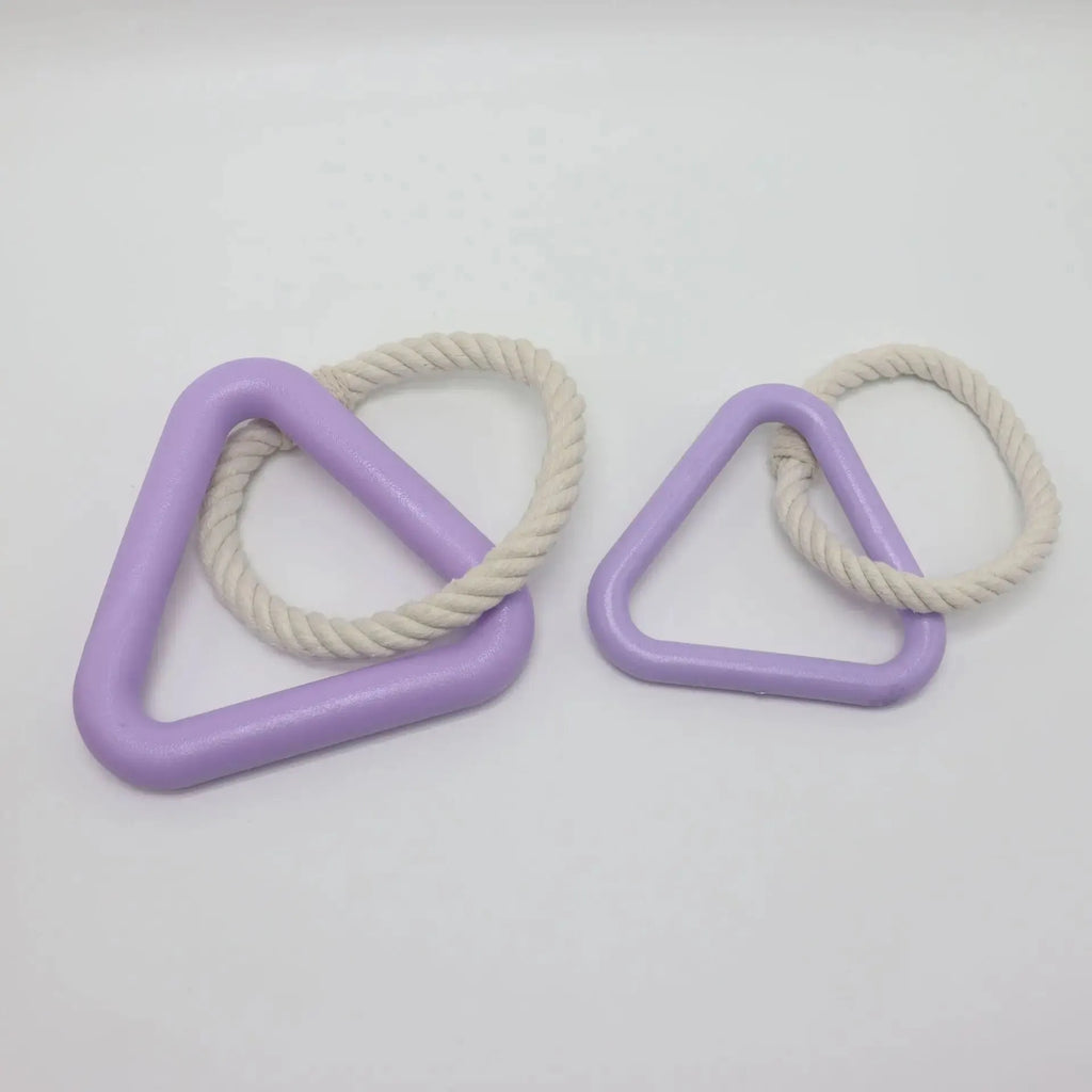 Large triangular dog pull ring toy made from beige cotton rope.