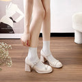 Women's patent leather chunky heel shoes in black or apricot for wide feet sizes 31-45