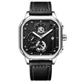 Men's quartz sports watch with belt-style strap showing 8mm case in black shell with gold nail details