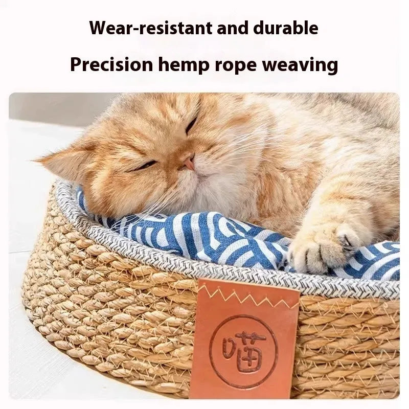 Natural woven rattan cat bed nest for pets, shown in size L.