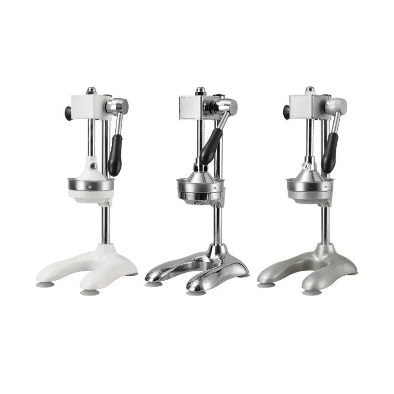 Vertical stainless steel manual juicer in multiple colours with different head style options.
