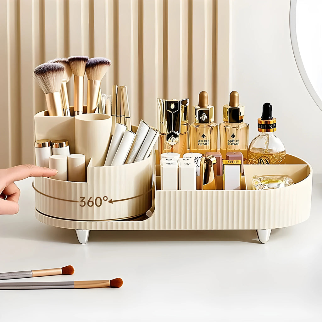 Rotating cosmetics storage box with two shelves holding makeup brushes and beauty products
