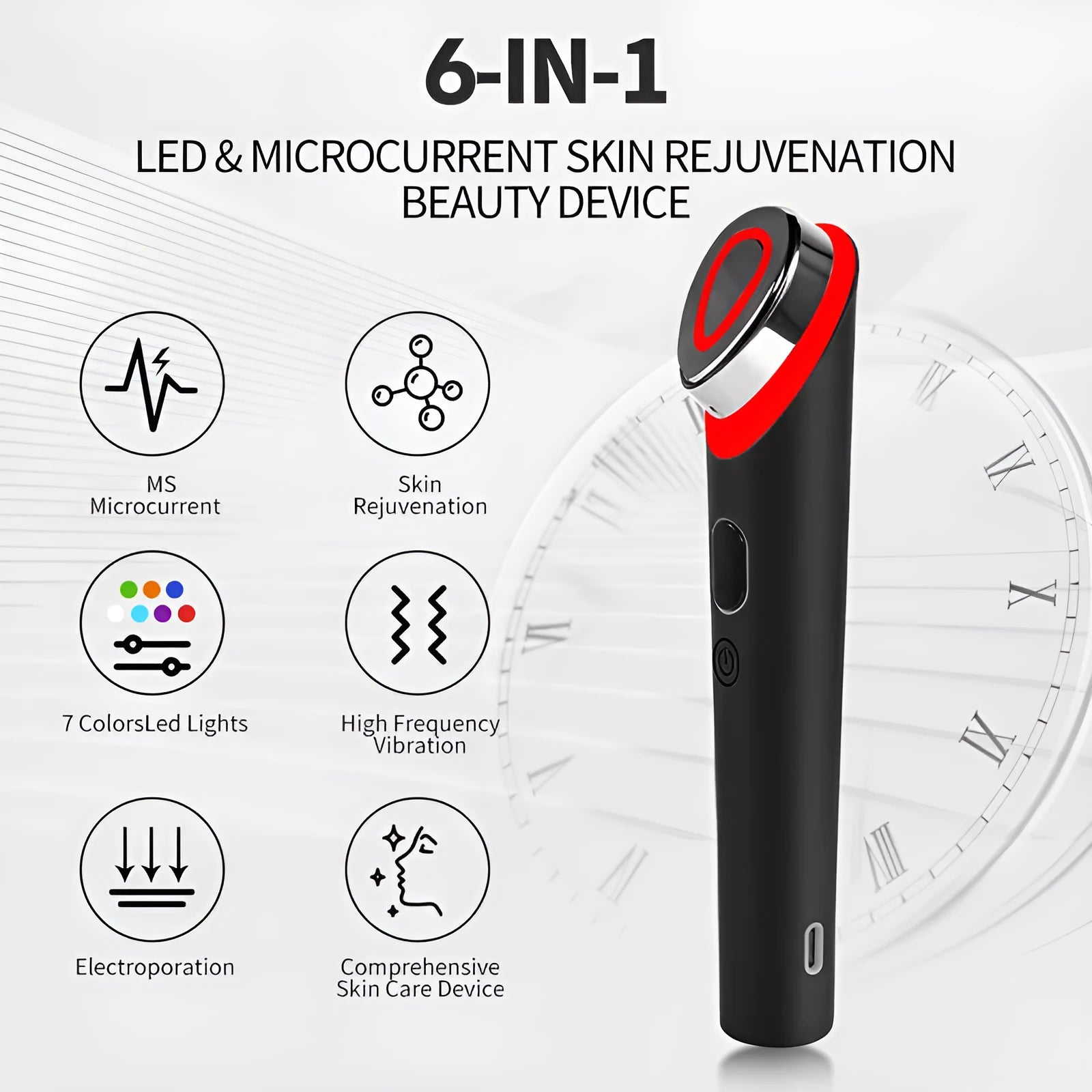 Black eye massager device showing 7 colour light therapy functions with vibration massage