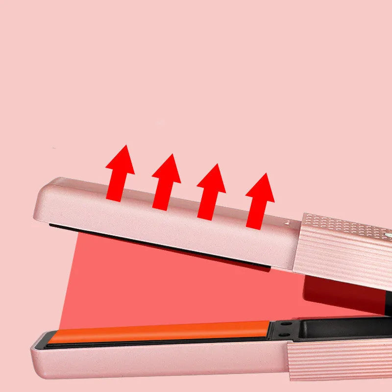 Pink and green cordless USB hair straightener with ceramic plates and digital temperature display