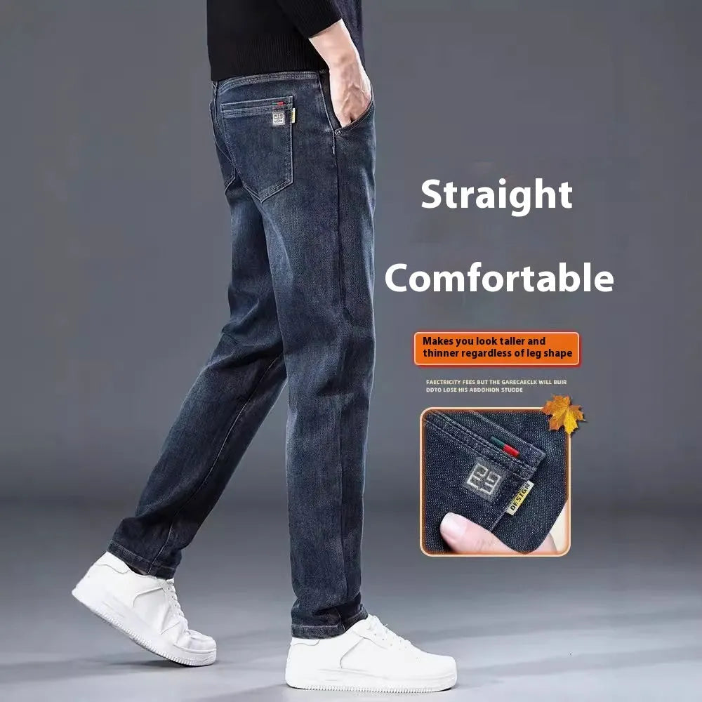 Men's slim straight casual trousers in thin polyester fabric shown in black and blue-grey colour options