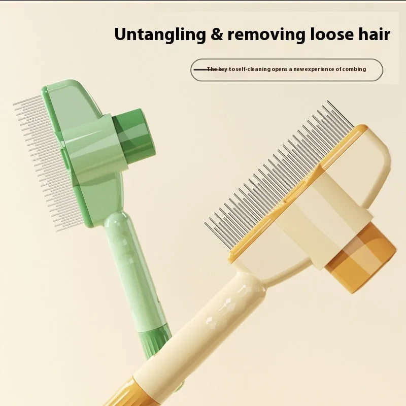 Yellow and green self-cleaning pet comb for dogs and cats with a release button and stainless steel teeth.