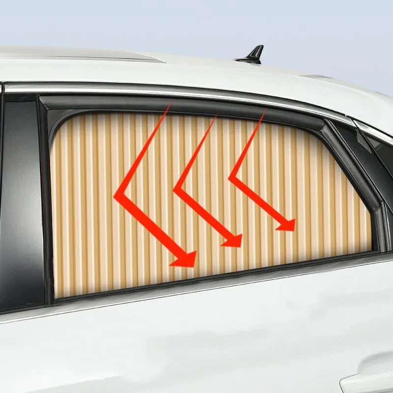 Auto retractable car sun curtain with roller shutter mechanism in black colour extended over vehicle window