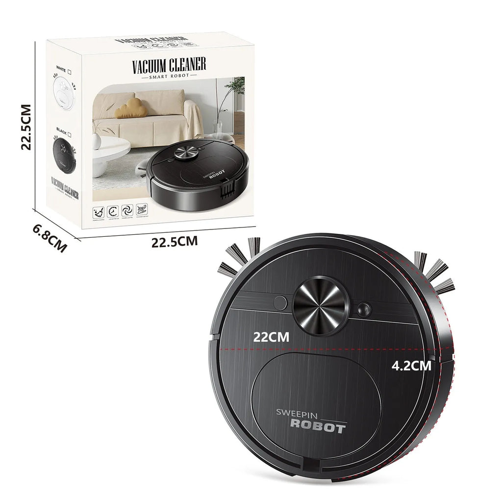 Three-in-one automatic robot floor cleaner with USB charging cable and cleaning accessories on hardwood floor.